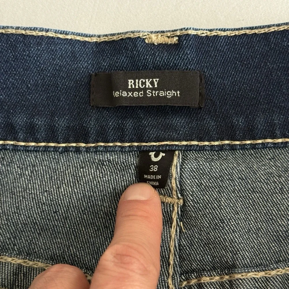True Religions Ricky Big T Flap Straight Jeans Mens 38x34 Relaxed Dark Artic